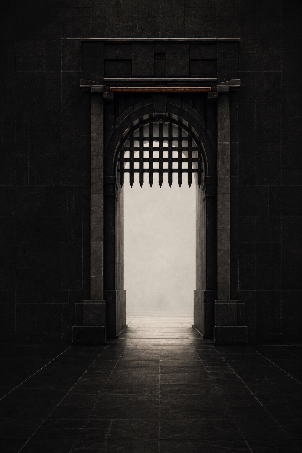 Abstract black stone gatehouse threshold with a lowered portcullis and an illuminated passage